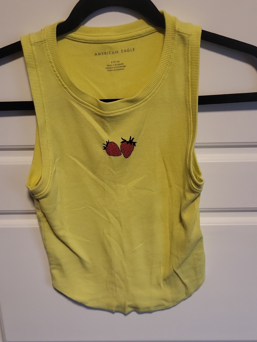 American Eagle Outfitters Yellow Ribbed Tank with Strawberry Embroidery